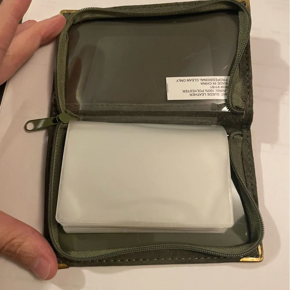 English Factory Gray Leather ID Card Holder with Gold Corners wallet